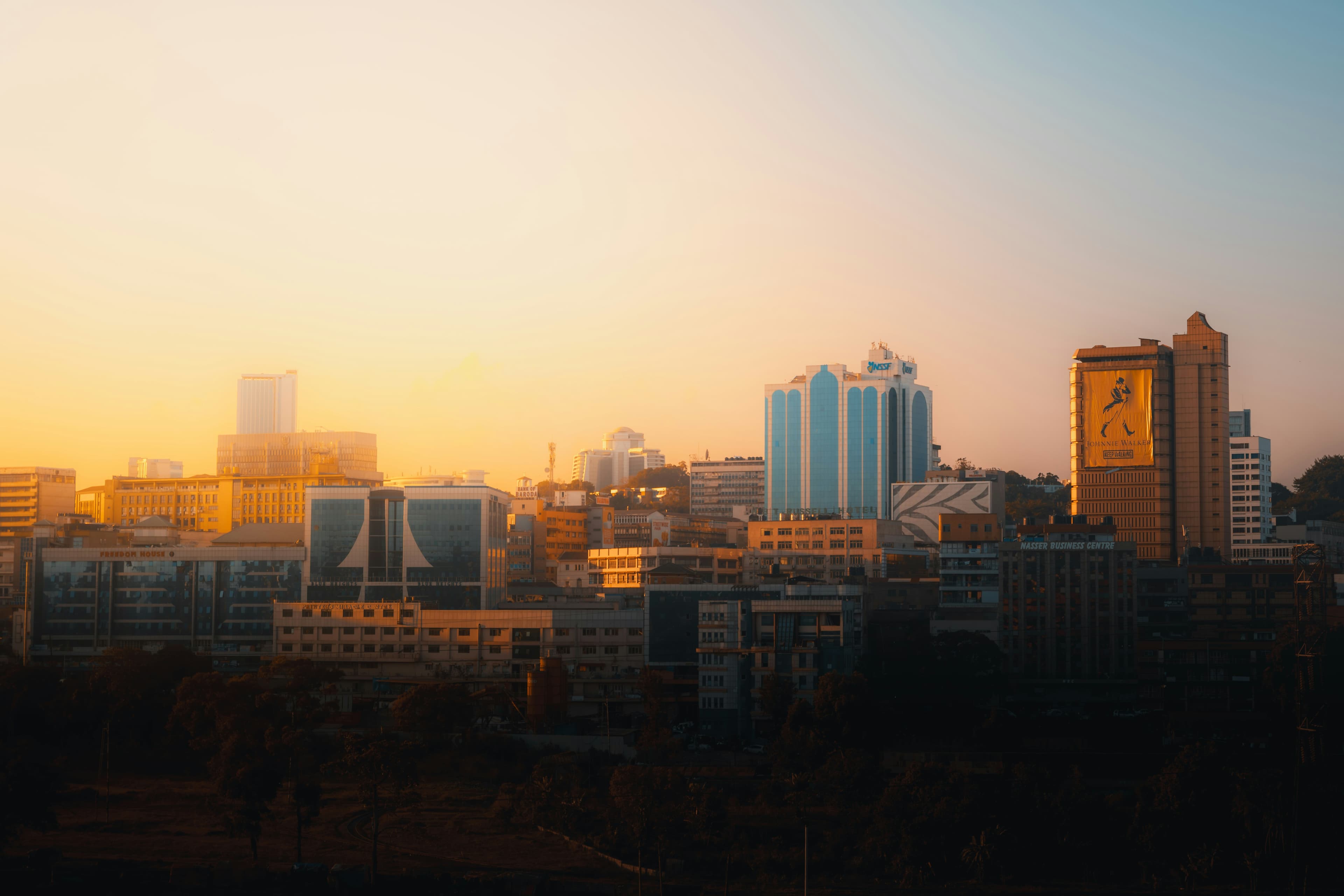 Kampala city skyline at golden hour, Uganda